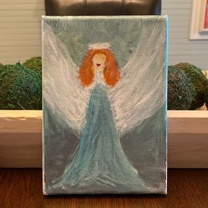 Original acrylic paint  red-headed angel on 5inch by 7inch stretched cavas.